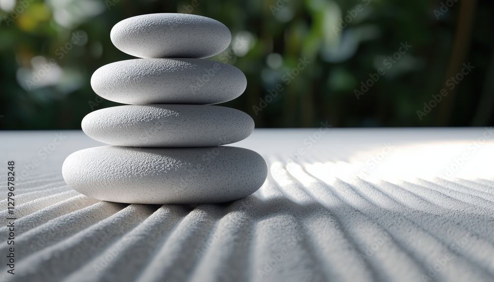 Poster stone balancing in japanese zen garden: using natural light and white background for branding and pr