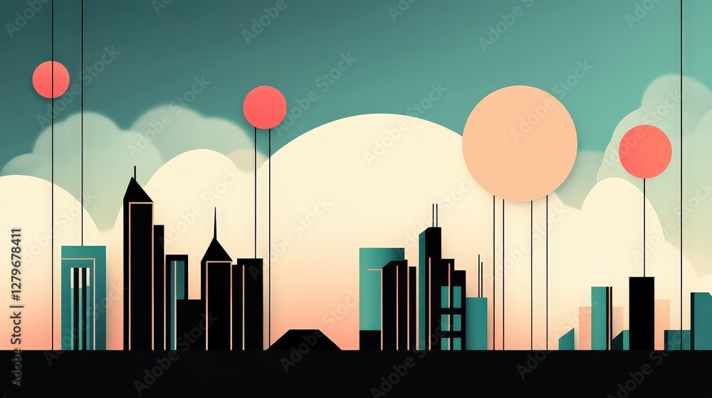 Poster minimalist cityscape with colorful circles and soft clouds