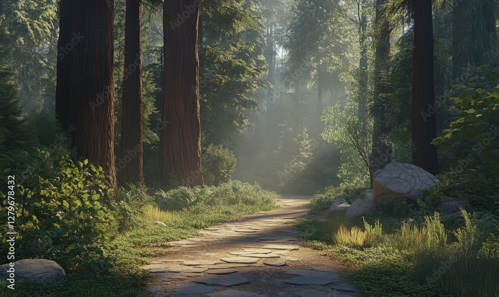 Poster serene forest pathway surrounded by towering trees and dappled sunlight, creating a tranquil and inv