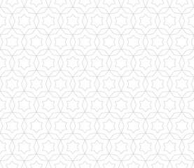 Abstract geometric seamless pattern in oriental style. Vector minimalist texture, elegant floral lattice, stars, lines, grid. Subtle minimal white and gray background. Repeated design for decor, print