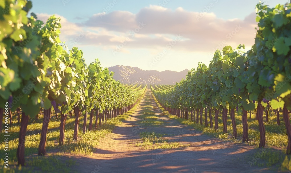Poster scenic vineyard view with rows of grapevines stretching into the distance, soft golden light casting
