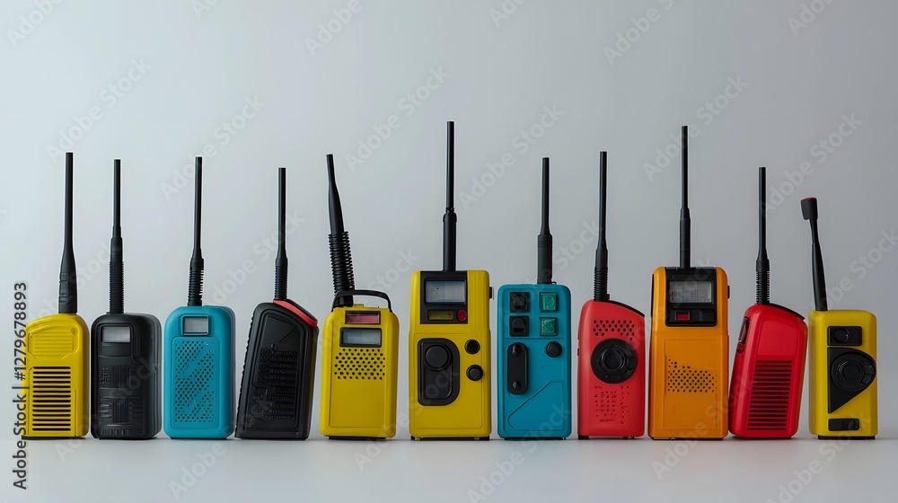 Aufkleber A photograph showcasing an array of various colorful walkie talkie devices arranged in a playful vibrant composition on a clean white background