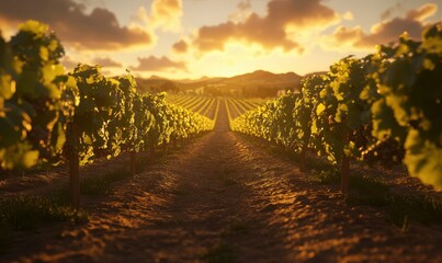 Fototapeta premium Scenic vineyard glowing under golden evening light, with rows of grapevines stretching into the horizon. Warm tones evoke abundance,