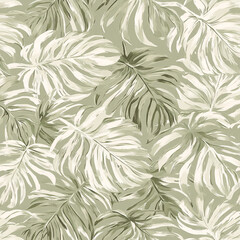 Hand-drawn tropical leaves pattern in sage green, featuring monstera and palm fronds.