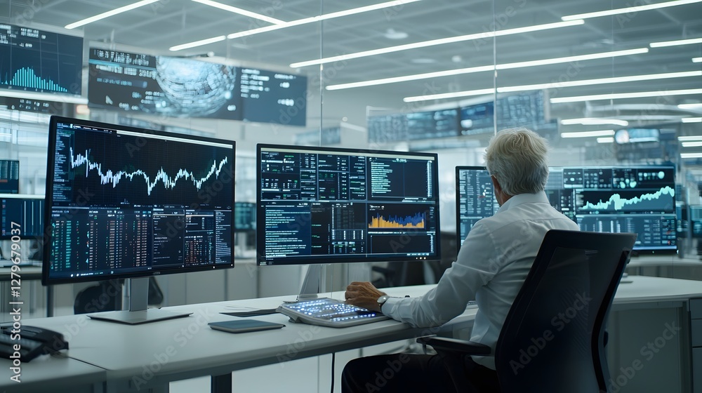 Poster A professional investor closely examining digital and commodity price charts and financial data displayed on multiple monitors in a high tech trading environment