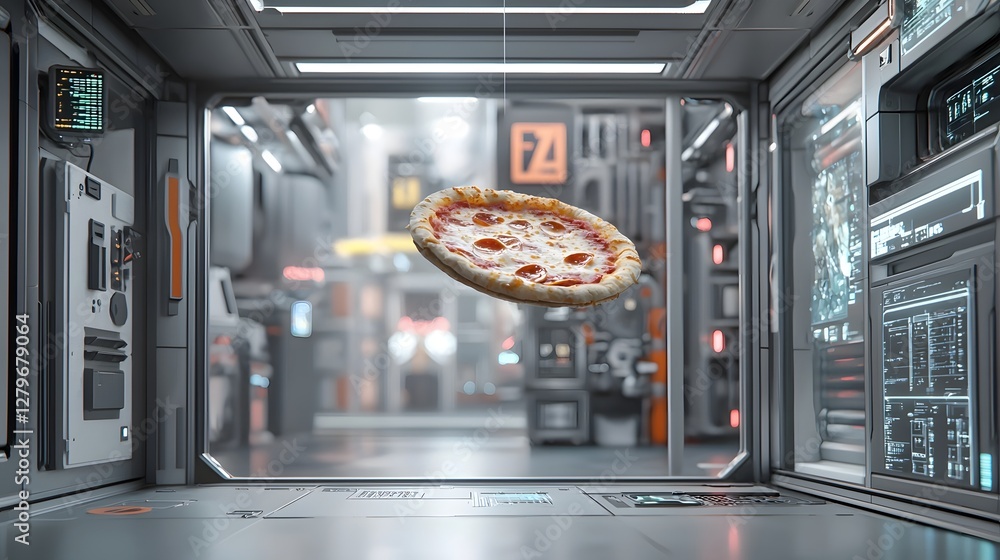Poster A rendering of a floating pizza slice in a state of zero gravity inside the cabin of a futuristic high tech spaceship  The pizza slice is suspended in mid air surrounded by digital displays