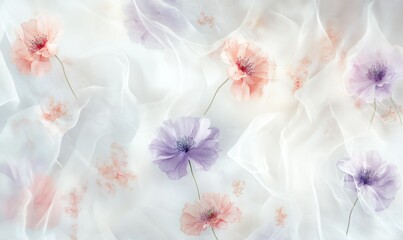 Whimsical floral print pattern with soft pastel colors, creating a gentle, calm, and elegant atmosphere.