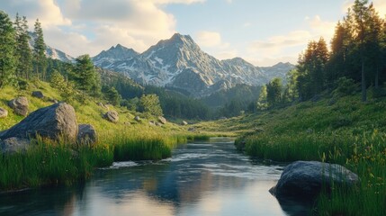 Fototapeta premium The Wellhorn mountain rising above the alpine valley of Rosenlaui, with the Reichenbach River flowing through the lush summer meadows