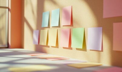 Set of neatly arranged sticky notes in soft pastel colors on a corkboard, clean minimalist office decor, sharp focus on paper textures and shadows, vibrant tones