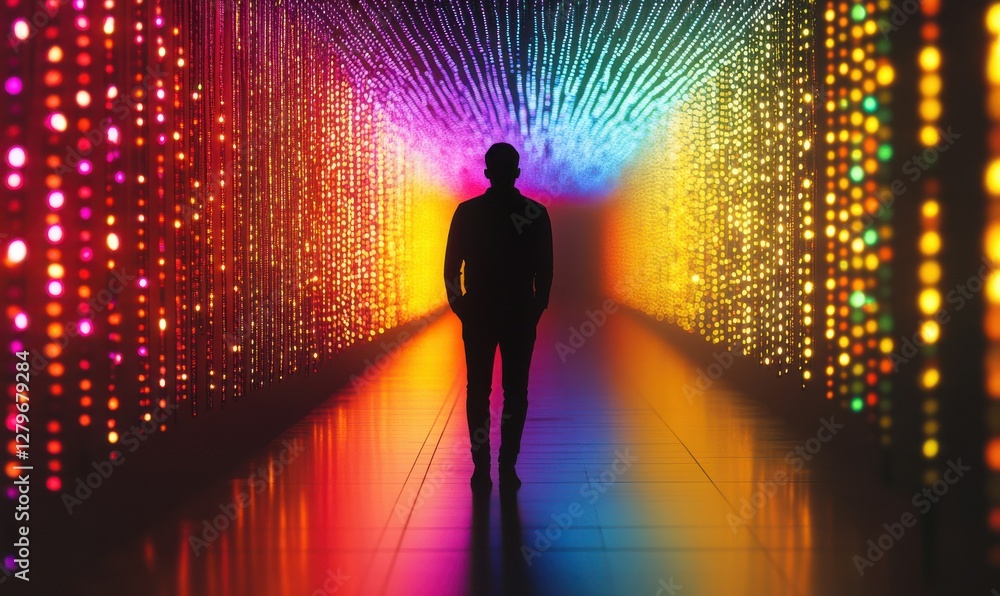 Poster silhouette of a man standing alone in a glowing tunnel surrounded by endless rows of colorful hangin