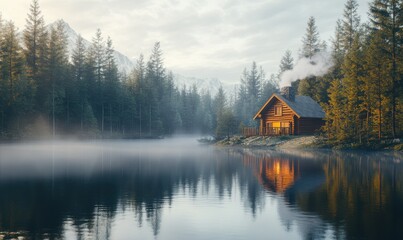 Obraz premium Serene lakeside cabin surrounded by pine trees, smoke rising from the chimney, and soft morning light reflecting on the water's surface,