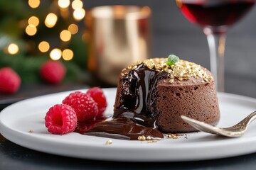 This visually stunning image features a richly decorated chocolate dessert, perfectly paired with fresh raspberries and sophisticated gold, evoking a sense of joy.