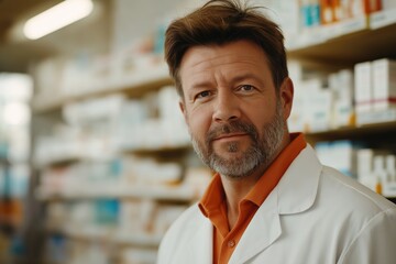 Obraz premium Confident male pharmacist wearing lab coat standing in drugstore with shelves full of pharmaceutical products in background, looking at camera