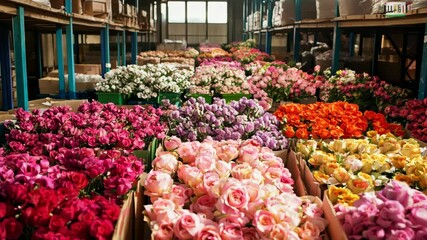 Vibrant flower sorting in a bustling warehouse setting