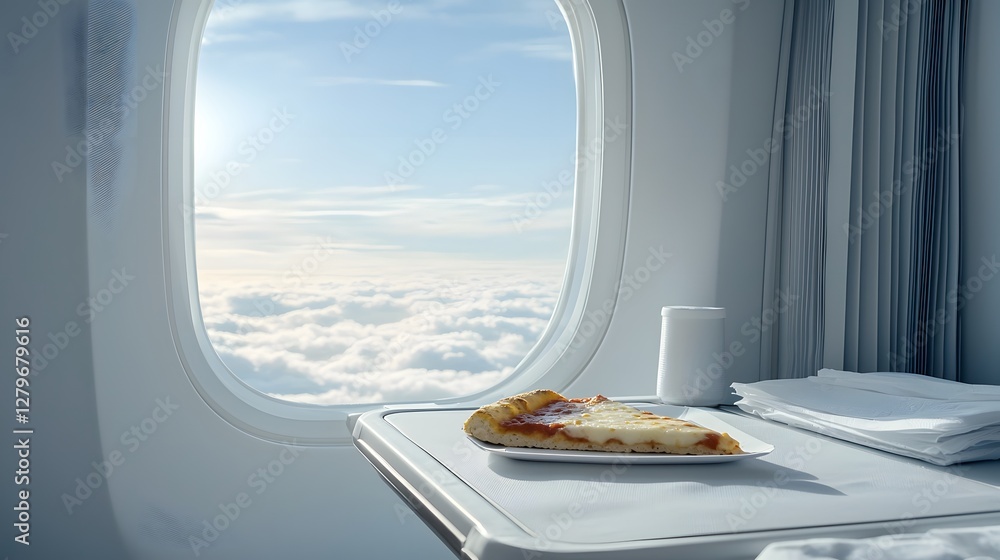 Aufkleber A slice of delicious pizza placed on an airplane tray table with a breathtaking view of clouds and the sky outside the aircraft window