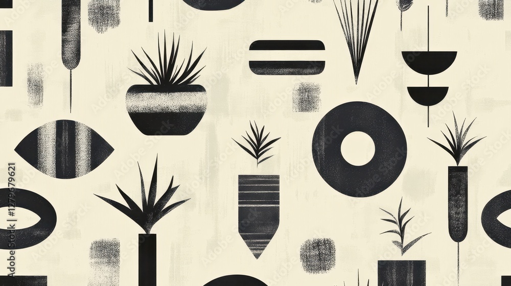 Poster minimalist geometric pattern combining angular forms with stylized botanical elements, creating mode