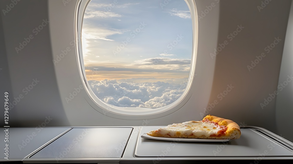 Aufkleber A slice of pizza placed on an airplane tray table with a scenic window view of clouds and the sky during a flight