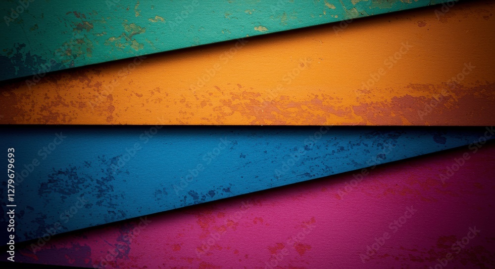 Poster textured layers of color: an abstract composition of overlapping, textured colored bars, creating a 