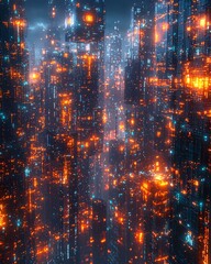 Obraz premium A digital cityscape with glowing interconnected cubes in a cyberpunk style, highlighted by cinematic lighting