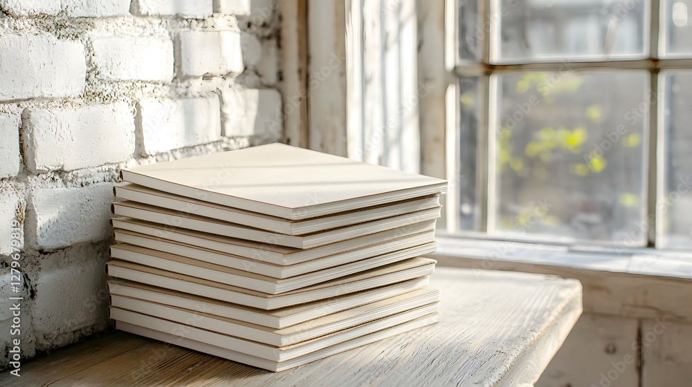 Poster A stack of eco friendly hemp paper notebooks with a clean minimalist branding design resting in a natural soft lit studio setting  The scene evokes a sense of sustainability simplicity