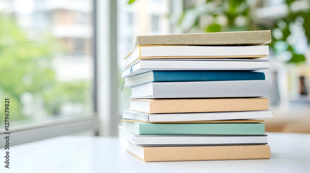Aufkleber A stack of hemp paper notebooks with eco friendly branding and minimal natural lighting creating a serene and organized workspace for writing education or creative