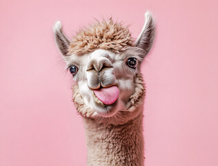 Fototapeta premium Playful alpaca with tongue out, laughing joyfully against a pastel pink background