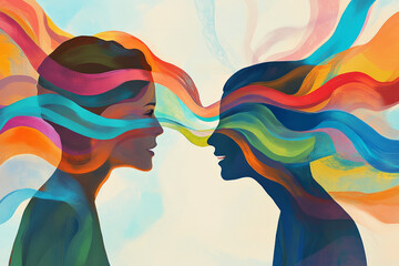 A vibrant and uplifting illustration of two people talking, their words represented as colorful flowing ribbons connecting them, symbolizing open and healthy communication.