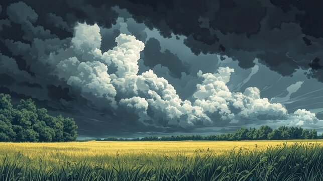 Massive cumulonimbus clouds towering over golden wheat field, dark thunderheads looming above dense forest landscape, signaling brewing atmospheric tension