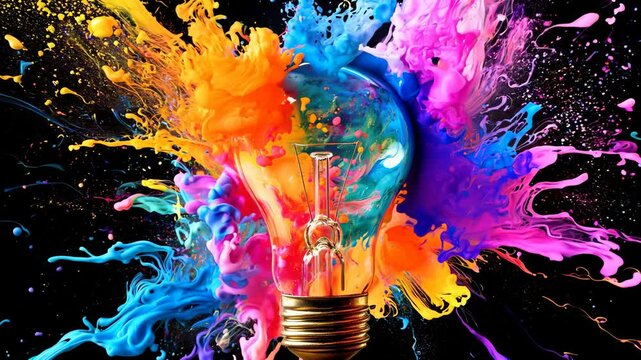 Vibrant paint explosion around light bulb: capturing colorful creativity in motion
