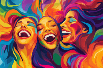 Obraz premium A vibrant and joyful illustration of a group of friends laughing together, their emotions forming colorful energy waves around them, symbolizing connection and happiness.
