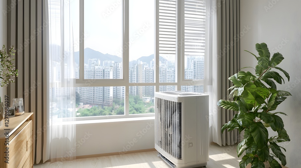 Poster a window air conditioning unit installed in the wall of a modern urban apartment interior with views