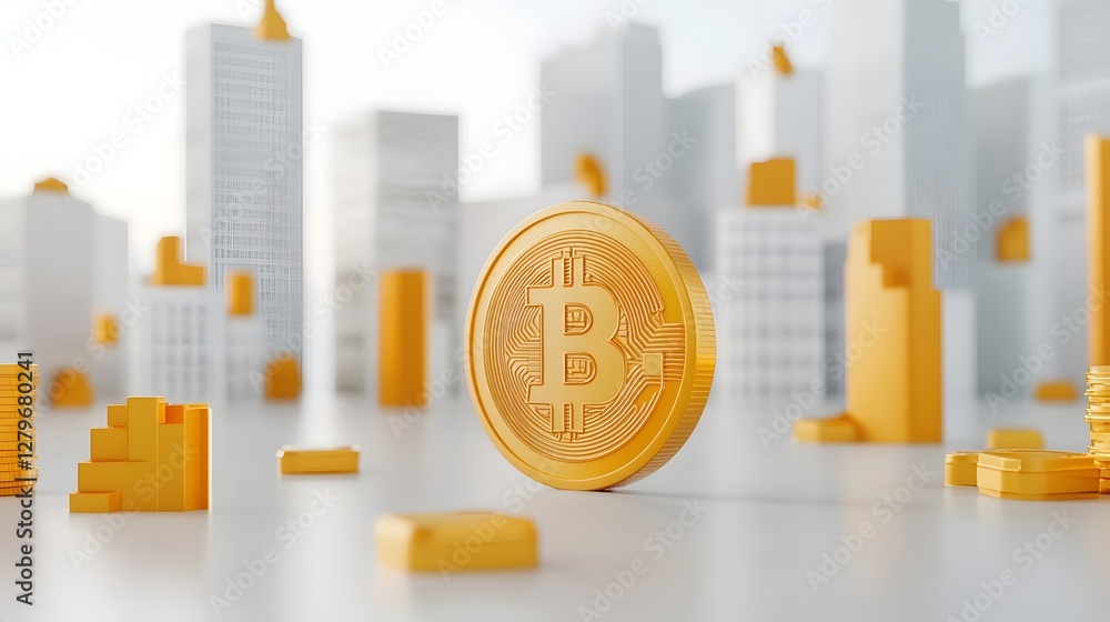 Aufkleber abstract 3d render depicting bitcoin and gold bars rising like futuristic skyscrapers in a modern ur