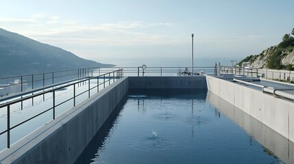 Aerial view of a large scale desalination plant facility located along the coastline converting seawater into fresh drinking water through advanced industrial processes and technology