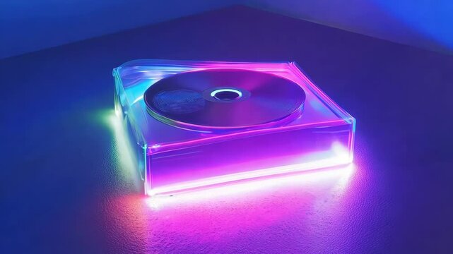 Vibrant neon cd rotation in futuristic transparent jewel case