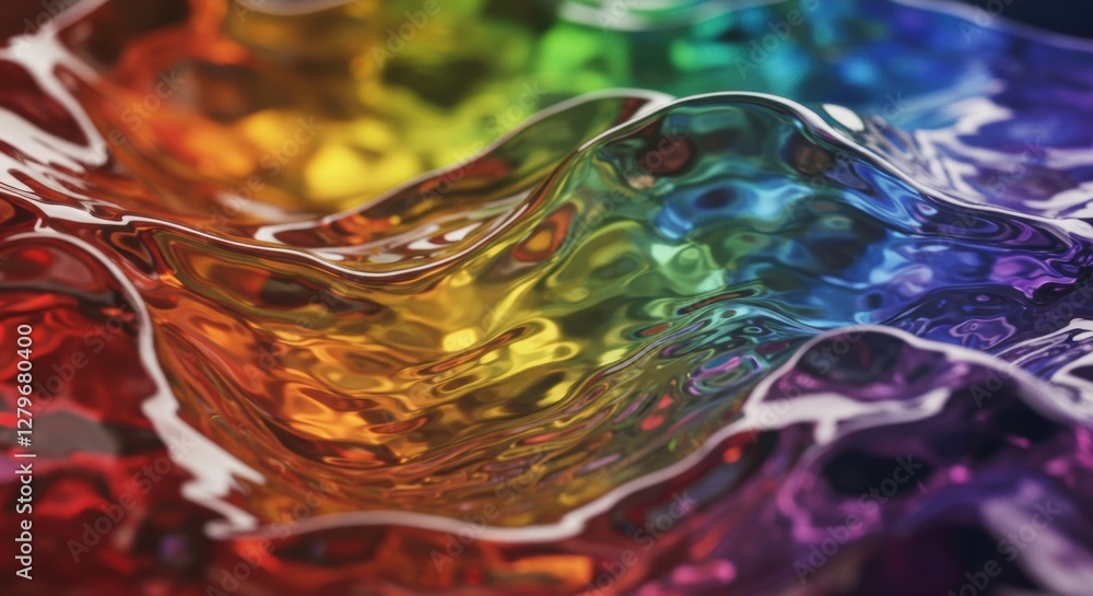 Poster chromatic symphony: an abstract display of fluid dynamics, showcasing vibrant rainbow hues ripple an
