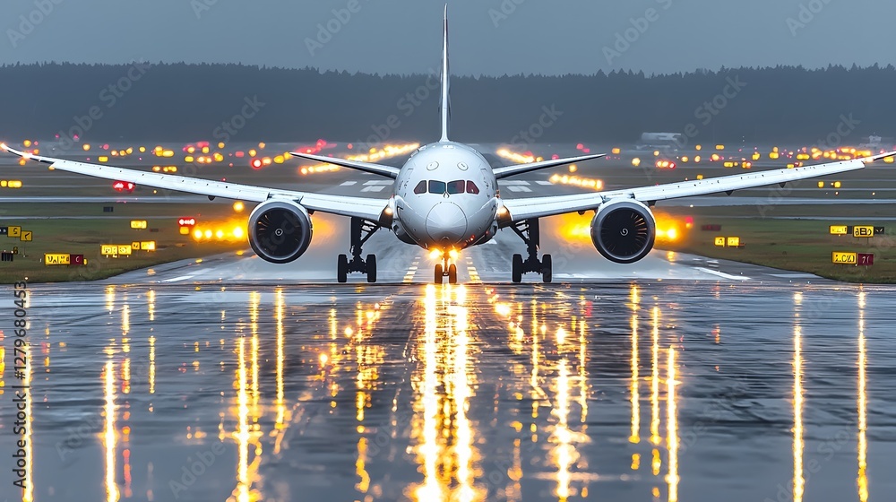 Poster airplane approaching the runway at night under heavy rain reflections of runway lights shimmering on