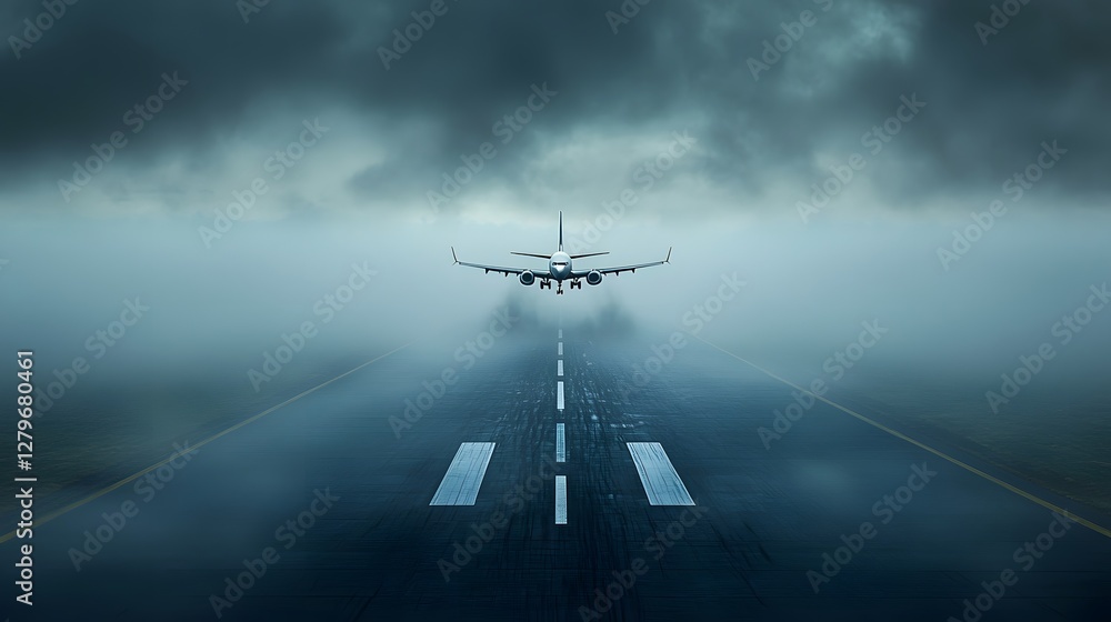 Poster Airplane struggling to take off in dense fog with the runway barely visible and an eerie moody atmosphere created by the low contrast cinematic lighting  The scene evokes a sense of tension danger
