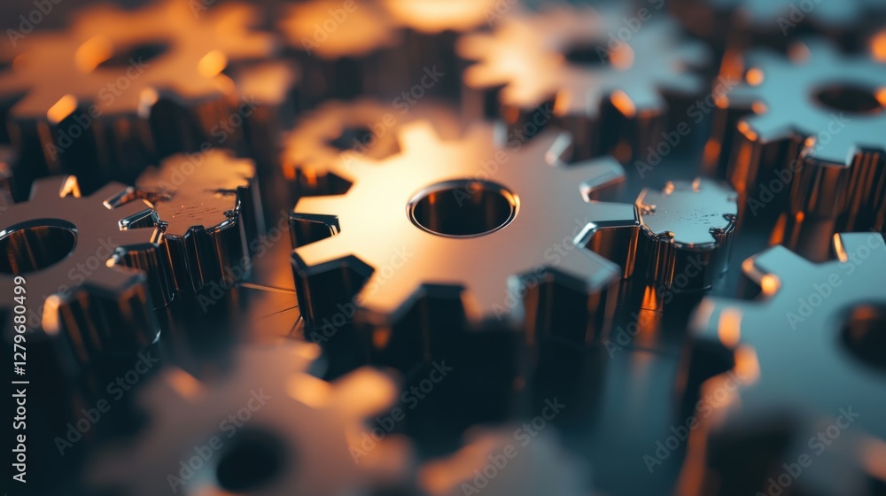 Poster close-up view of metallic gears interlocking in a dynamic arrangement with warm lighting