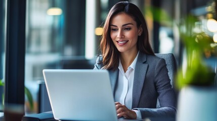 The smiling Hispanic businesswoman sitting at her desk with a confident smile may be handling customer relations, conducting business negotiations, or discussing project progress with her team