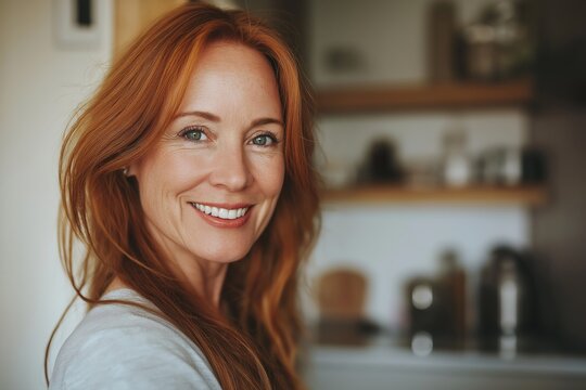 Happy woman with long, red hair and freckles smiling brightly in her cozy kitchen, savoring a peaceful morning at home and enjoying the warmth of domestic life