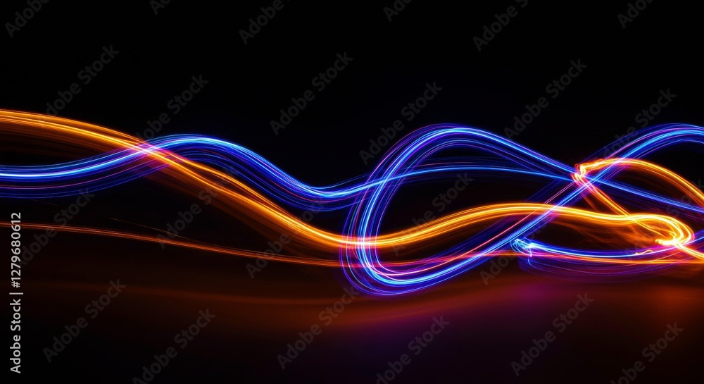 Poster abstract light trails: dynamic streaks of blue and orange light intertwine against a black backgroun
