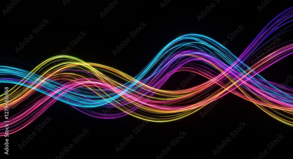 Poster vibrant waveforms: a stunning display of colorful, glowing waveforms against a dark backdrop