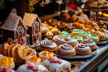 A festive Christmas bakery with golden baked gingerbread houses, colorful sugar cookies, and warm cinnamon rolls on display.