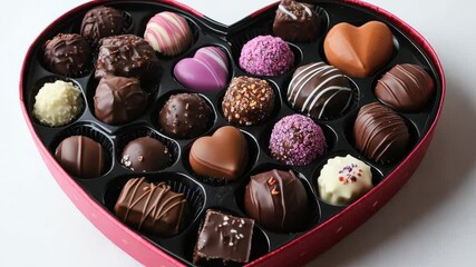 Heartshaped box of assorted chocolates with decorative toppings unveils sweet temptations