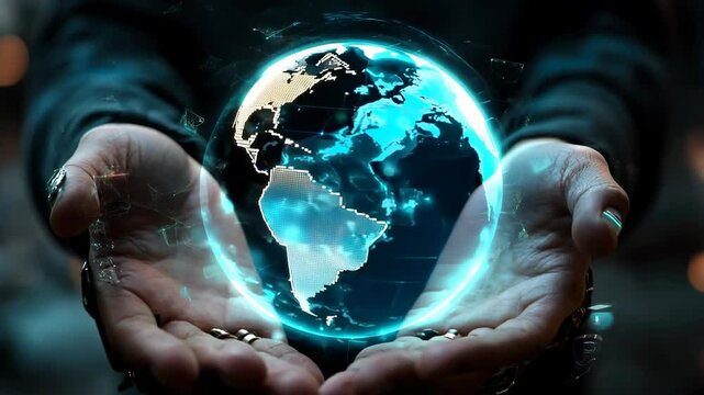 Hands cradling a digital glowing earth globe in a futuristic tech display