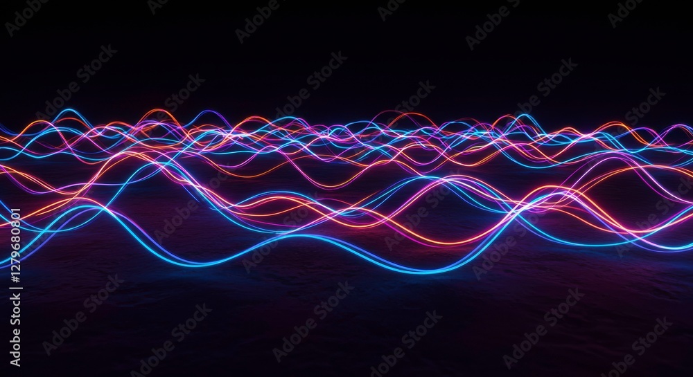 Poster illuminated waveforms: neon-colored, undulating waveforms dance against a deep black backdrop, showc