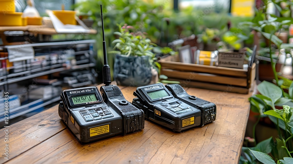 Aufkleber and detailed photograph showcasing two walkie talkie communication devices placed on a wooden table 