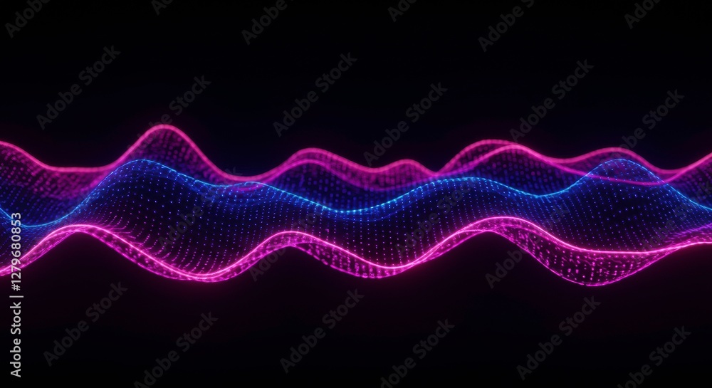 Poster abstract soundwave visualization: dynamic digital waves pulsating with vibrant shades, evoking the r