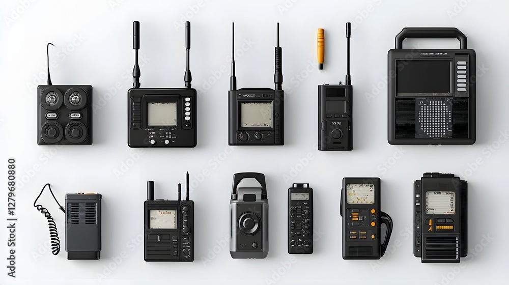Aufkleber assorted handheld walkie talkie radios with different designs and features displayed on a clean whit