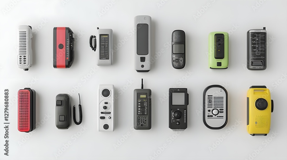 Poster assortment of handheld walkie talkie radio devices in different designs showcased on a clean white b